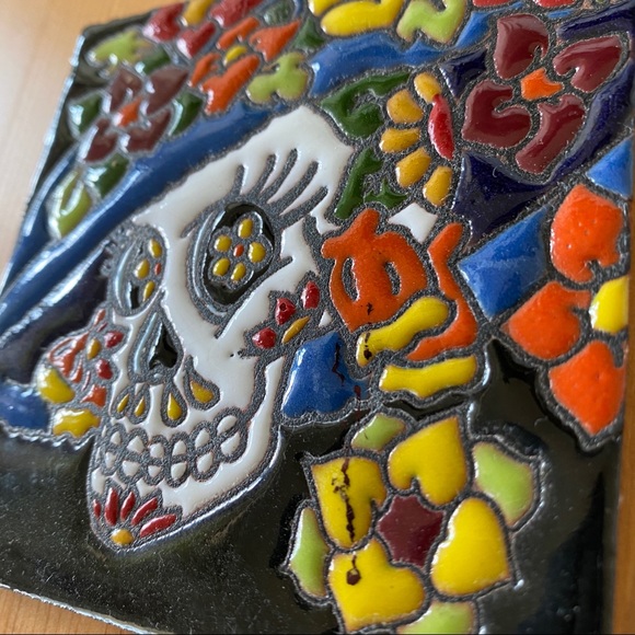 Handmade Sugar Skull Ceramic Tile Art - Picture 4 of 4